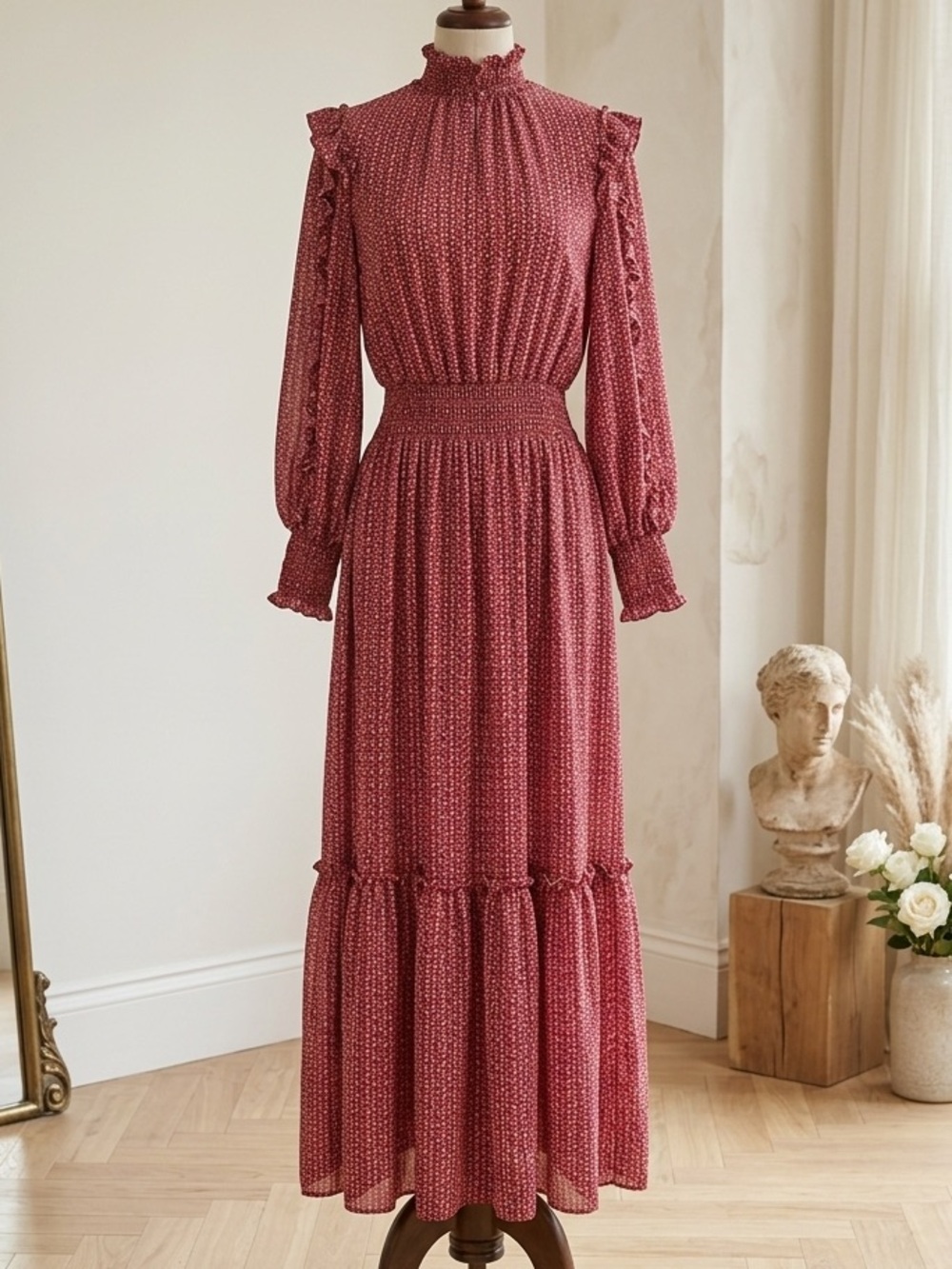 Max Studio| Red Geometric Print High Neck Smocked Tiered Ruffle Maxi Dress Sz S